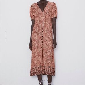 Zara Embroidered Button Front Midi Dress Blogger Favorite Size XS